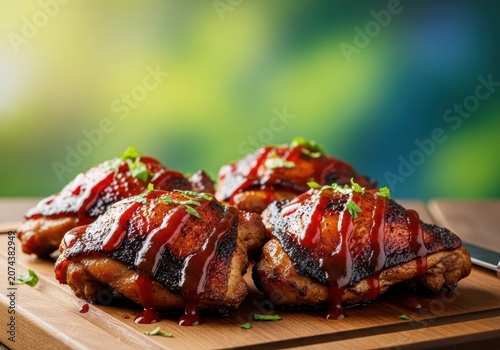 Delicious caramelized barbecue chicken thighs resting on a wooden cutting board, slathered in thick sauce, ready for a summer picnic or backyard cookout, smoky, protein, outdoor
