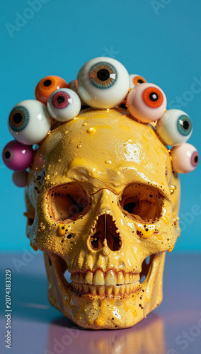 Yellow skull adorned with colorful, hypnotic eyeballs.