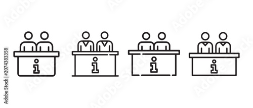 Set of information desk icons with two people sitting behind a counter.