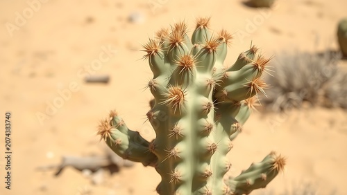 A sun-bleached pale green cactus in a desert under harsh midday sun, sandy background.