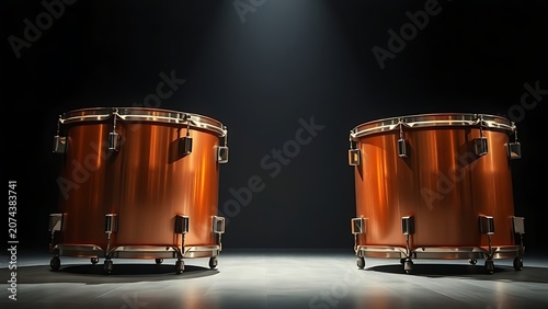 Two polished copper kettledrums on a dark stage under a single spotlight.