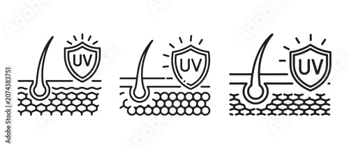 Skin protection icon set with hair follicle and uv ray shield symbol for dermatology and skincare health care vector illustration.