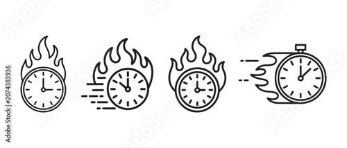 Set of four fast clock icons with fire flames and motion speed lines representing urgency and deadline pressure in a simple black outline vector style.