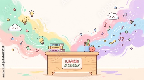 Cute pastel classroom desk mockup with learn and grow text on watercolor magic background for kids education