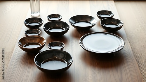 Multiple lacquer bowls and dishes arranged on a low table for cuisine.