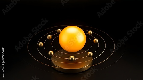 Heliocentric model with a golden central sphere and smaller spheres on concentric circular orbits.