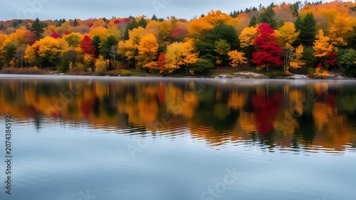 Calm Kennebec River with autumn foliage reflection, golden and red leaves.