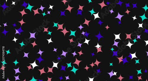 Dark background with scattered colorful four pointed star shapes pattern.