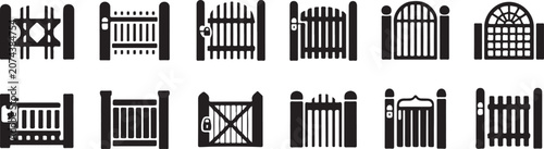 Collection of various fence gates and garden entrance barriers with decorative elements and locking mechanisms shown on a transparent grid background.