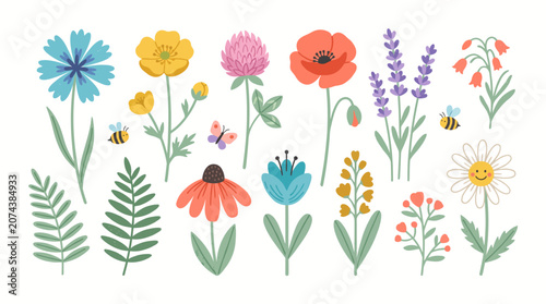 Colorful illustration of various flowers and plants.