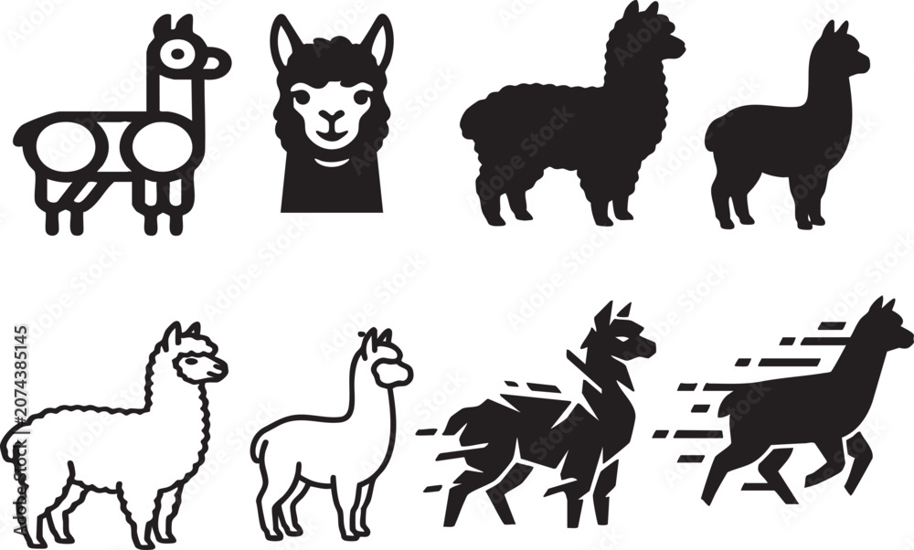 Obraz premium Collection of various llama, 8 llama silhouettes and line art