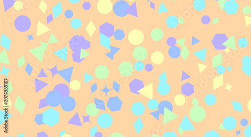 Playful pattern with pastel geometric shapes on light orange background.