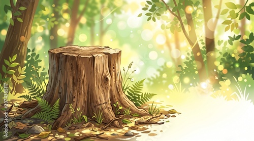 Old Tree Stump in a Sunlit Forest Vector Illustration Background with Copy Space