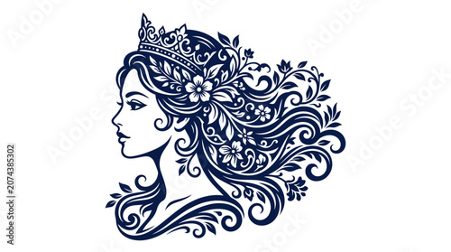 Woman with floral crown and flowing hair.