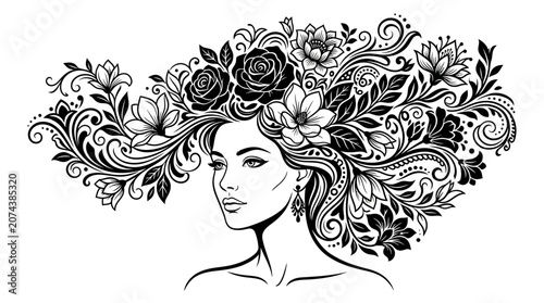 Woman with floral hair illustration.