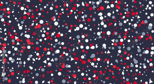 Colorful mosaic pattern with various geometric shapes on dark navy background.