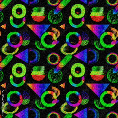 Risograph Geometric Seamless Pattern, Retro Memphis Abstract Shapes with Grainy Noise Texture