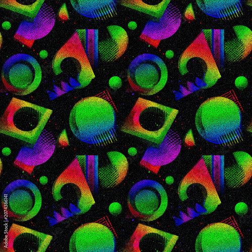Neon Cyberpunk Seamless Background, 90s Style Symmetrical Circles and Triangles Print on Black