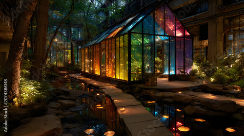 Beautiful indoor botanical garden with stained glass architecture images