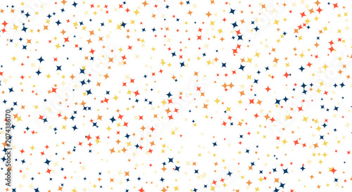 Minimalist white background with colorful scattered four pointed stars for bright celebration and holiday themes.