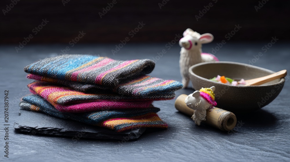 Obraz premium ceviche. Peruvian Independence Day bundle: ceviche, wool textiles, llama figurine, and pan flute on slate surface. event programs.