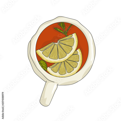 a glass cup of tea with lemon slices and mint leaf. Drink and sitrus fruit issolated on white