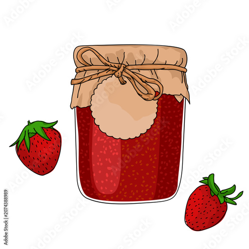 a glass jar of homemade red strawberry jam with a nature brown cloth and knot on top for gift.fresh Fruits juice and strawberry fruits