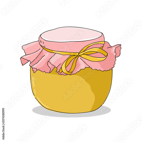 a glass jar of yellow pineapple jam with a pink bow on top for gift. Fruits juice 