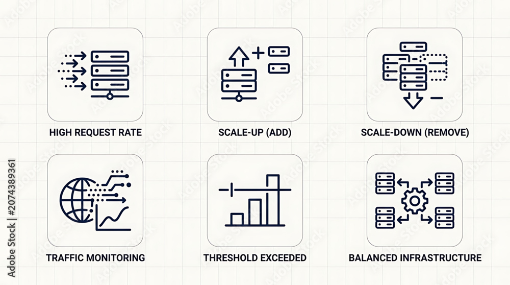 Naklejka premium Scalable infrastructure icons illustrate server traffic monitoring and threshold exceeded alerts for balanced systems with high request rates