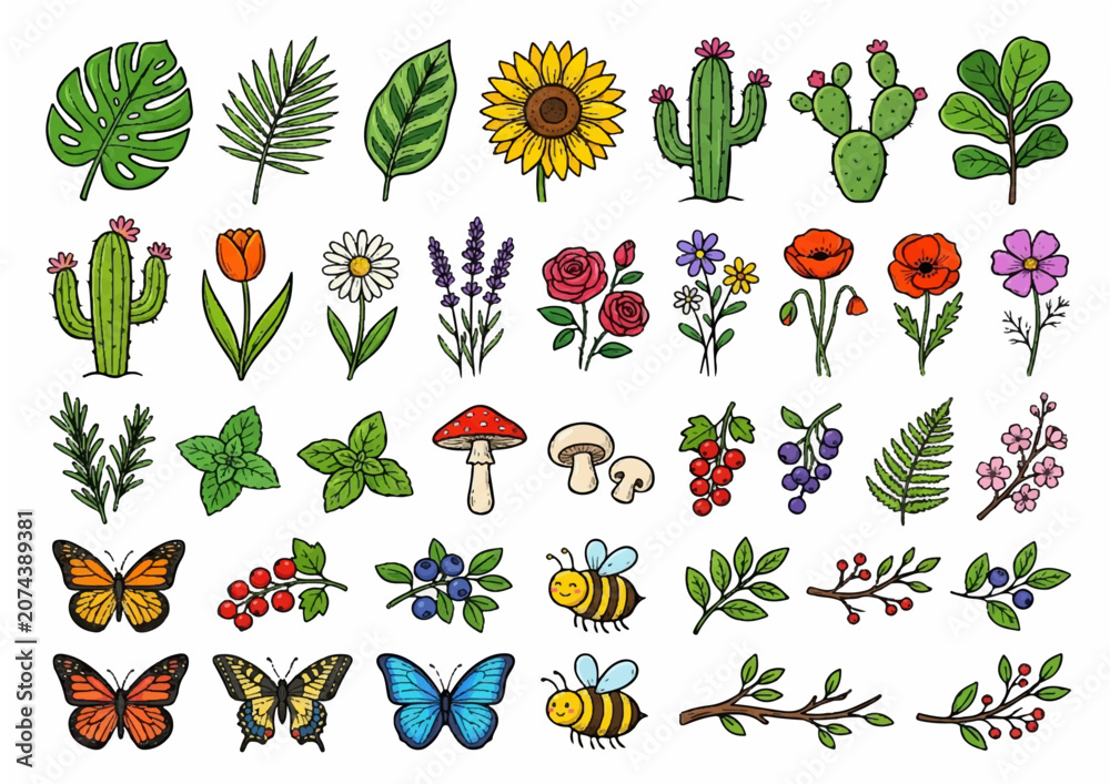 Obraz premium Botanical Nature Elements Collection with Leaves Flowers Herbs and Wild Plants Vector