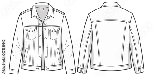 Denim jacket technical fashion sketch, front and back view, apparel design vector, clothing construction drawing, stylish garment illustration, flat vector illustration