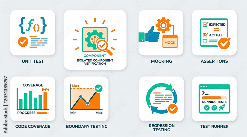 Fototapeta premium The illustration depicts various software testing icons on a light gray background including unit testing, code coverage, and test runner.