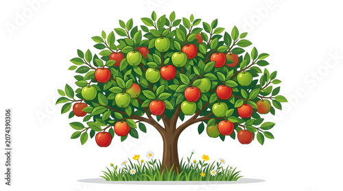 Vibrant vector illustration of a fruitful apple tree growing in green grass with flowers. Perfect for agricultural branding, organic farming, and orchard promotions.