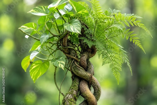 Two symbiotic plants intertwined and a mutual support system, green foliage in natural daylight.