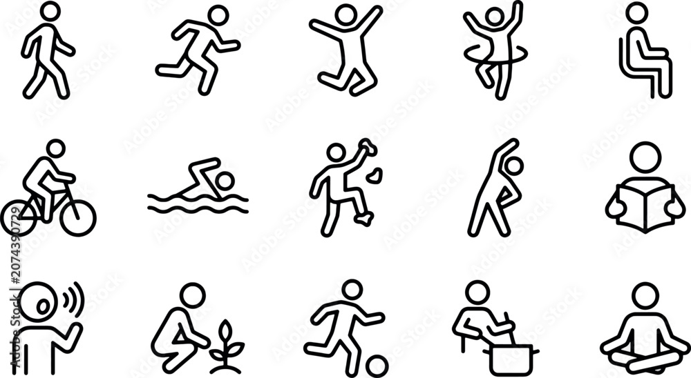 Fototapeta premium Pixel perfect vector solid human figures set showcasing diverse daily lifestyle activities and movement
