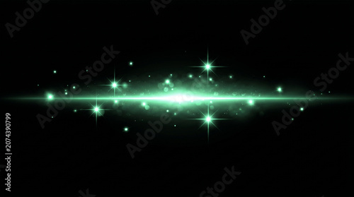 Fotografie green glowing light flare with sparkles and bokeh effect on black background
