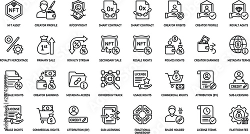 Cuadro en lienzo Vector line icon set of NFT royalty rights smart contract copyright protection p