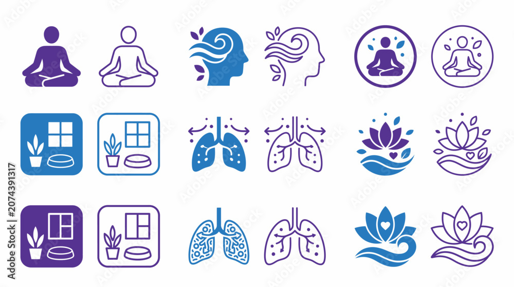 Fototapeta premium Meditation Calm Wellness Room Icon Set Flat Vector Mental Health Mindful Symbol Badge App UI Website EPS SVG