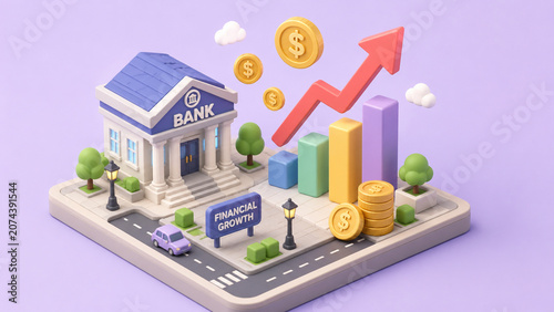 3D Isometric Financial Growth Concept with Gold Coins and Bank Building