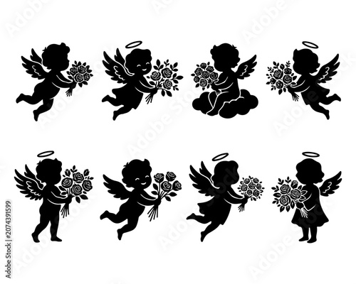 Bilde på lerret Cupid Angel Silhouette Set with Rose Bouquets Vector Illustration