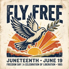 Juneteenth freedom day celebration poster with dove and rising sun
