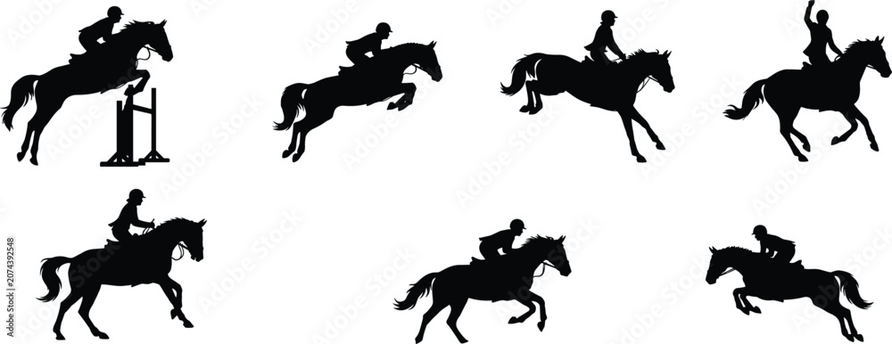 Fototapeta premium Equestrian Horse Jumping Silhouette Collection with Riders and Show Jumping Action Poses