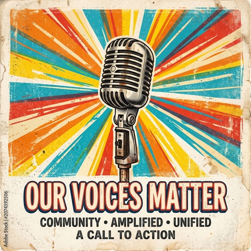 Our voices matter vintage poster with retro microphone illustration