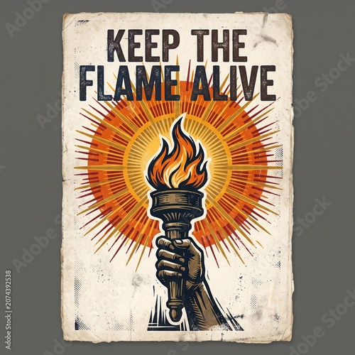Vintage style poster illustration featuring a hand holding a burning torch