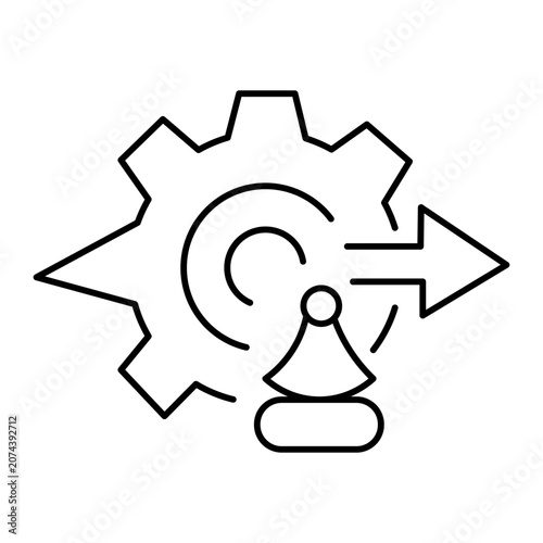 Gear arrow pawn line icon symbolizing process flow and user strategy