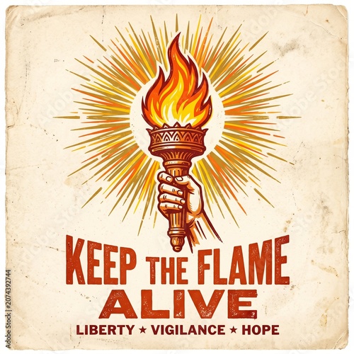 Vintage poster design with hand holding a burning torch