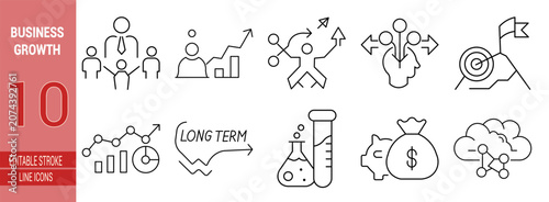 Modern Business Growth Development and Success Line Icons Set