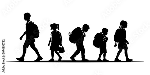 Children going to school icon black silhouette vector.back to the school, Children walking time to go to school , Two children walking with backpacks, boy and girl side by side, student life, learn