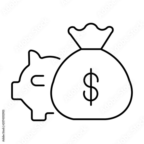 Piggy bank and money bag icon for financial savings and investment concepts