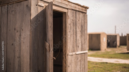 latrine. A simple wooden latrine structure in a military camp corner. gardening catalogs, home-decor guides, designed for home decor and floral branding, celebrates nature.
